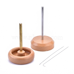 Wooden Seed Bead Spinner Holder, Speedy Bead Loader, with 2Pcs Iron Curved Beading Needle, BurlyWood, 9.85x15cm, Needle: 19x0.05cm(TOOL-K005-01)
