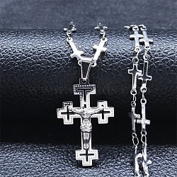 304 Stainless Steel Pendant Necklaces for Women Men, Cross with Jesus Pattern, Stainless Steel Color, 17.56~18.03 inch(44.6~45.8cm)(NJEW-G115-01P)