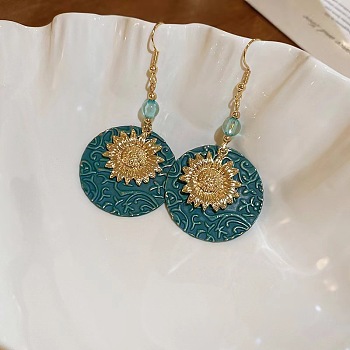 Flat Round with Sunflower Alloy Glass Dangle Earrings, Antique Bronze & Green Patina, Antique Bronze & Green Patina, 70mm