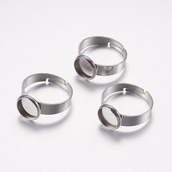 Adjustable 304 Stainless Steel Finger Rings Components, Pad Ring Base Findings, Flat Round, Stainless Steel Color, Tray: 8mm, Size 7, 17mm