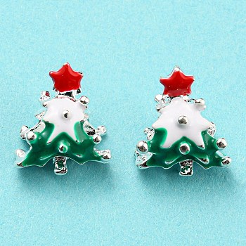 Brass Enamel European Beads, Large Hole Beads, Lead Free & Cadmium Free, Long-Lasting Plated, Silver, Christmas Tree, Green, 15x13x9mm, Hole: 4.8mm