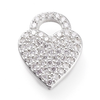 Brass Micro Pave Clear Cubic Zirconia Pendants, Long-Lasting Plated, Heart, Platinum, 15.5x12x2mm, Hole: 3x4mm