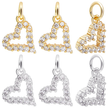 12Pcs 2 Colors Brass Micro Pave Cubic Zirconia Charms, with Jump Ring, Long-Lasting Plated, Heart Charm, Mixed Color, 10x10x2mm, Hole: 3mm, 6pcs/color