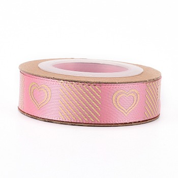 Polyester Ribbons, Single Face Golden Hot Stamping, for Gifts Wrapping, Party Decoration, Heart Pattern, Pink, 5/8 inch(17mm), 10yards/roll(9.14m/roll)