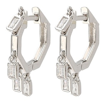 Cubic Zirconia Rectangle Dangle Hoop Earrings, Rack Plating Brass Earrings for Women, Lead Free & Cadmium Free, Platinum, 21.5x17x2mm