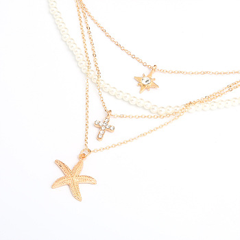 Plastic Imitation Pearl Beaded Necklaces Multi Layered Necklaces, Alloy Rhinestone Cross Star Pendant Necklace for Women, Golden, 14.96 inch(38cm)