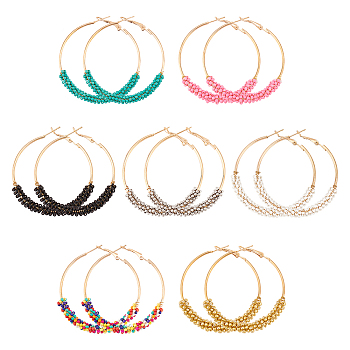 ANATTASOUL 7 Pairs 7 Colors Glass Round Braided Beaded Hoop Earrings, Light Gold Alloy Big Hoop Earrings for Women, Mixed Color, 54x51x6.5mm, Pin: 0.9mm, 1 Pair/color