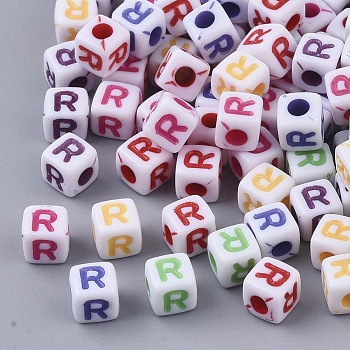 White Opaque Acrylic Beads, Horizontal Hole, Cube with Mixed Color Letter, Letter.R, 5x5x5mm, Hole: 2mm, about 5000pcs/500g