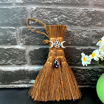 Wood Wicca Broom Car Hanging Decoration, with Alloy Decoration and Teardrop Glass Charm, Moon, 140x90mm