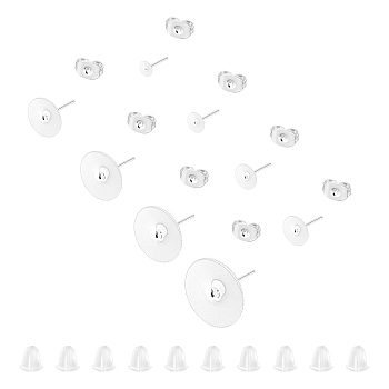 Flat Round 304 Stainless Steel Stud Earring Findings, with 40PCS 304 Stainless Steel & Plastic Ear Nuts, Silver, Earring Findings: 3~14x0.3mm, Pin: 0.8mm, 80pcs/box