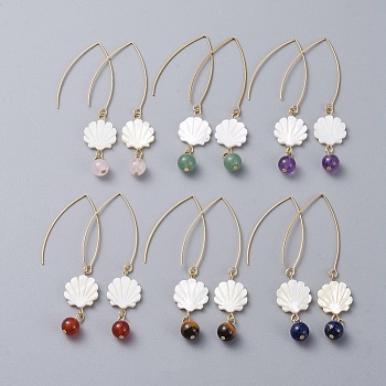 Shell Dangle Earrings, with Natural Gemstone Beads, Freshwater Shell Beads and 304 Stainless Steel Earring Hooks, Golden, 75mm, pin: 0.7mm