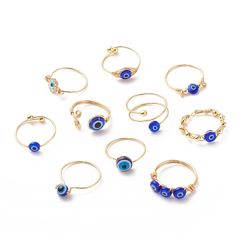 10Pcs 10 Style Resin & Lampwork Evil Eye Beaded Finger Rings, Copper Wire Wrap Jewelry for Women, Golden, US Size 7 3/4~10 1/2(18~20.1mm), 1Pc/style