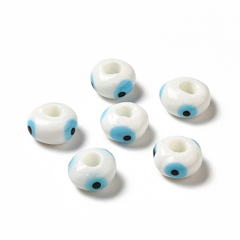 Handmade Evil Eye Lampwork Beads, Rondelle, White, 13~14.5x13.5~15x8~9mm, Hole: 4.5mm