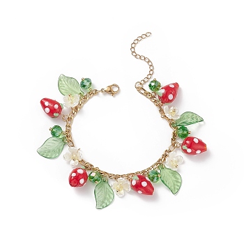 Plastic Imitation Pearl Flower & Acrylic Leaf & Lampwork Strawberry Charms Bracelet, 304 Stainless Steel Jewelry for Women, Colorful, 7-3/4 inch(19.5cm)