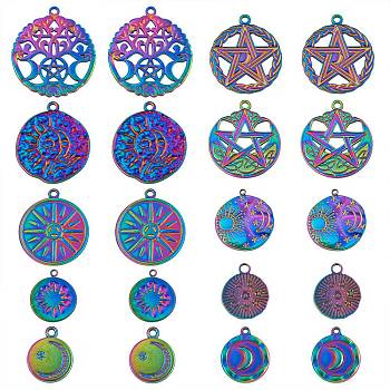 Rack Plating 20Pcs 10 Style 304 Stainless Steel Pendants, Flat Round with Star & Sun, Rainbow Color, 17~33.5x14.5~30x1.5~2.5mm, hole: 1.4~2mm, 2pcs/style