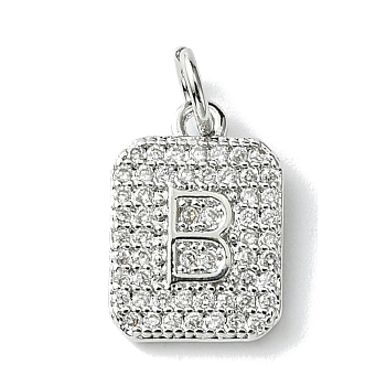 Rack Plating Brass Micro Pave Clear Cubic Zirconia Charms, Long-Lasting Plated, Lead Free & Cadmium Free, Rectangle with Letter Pattern, with Jump Ring, Platinum, Letter B, 14x9.5x2mm, Hole: 3mm