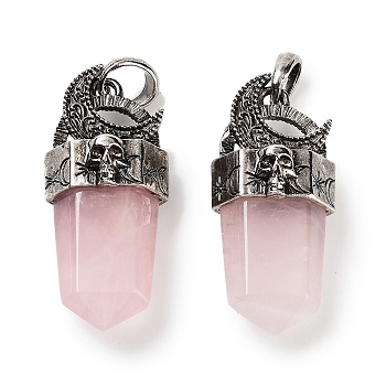 Natural Rose Quartz Faceted Sword Pendants, Rack Plating Antique Silver Plated Alloy Moon Charms, Cadmium Free & Lead Free, 47.5~48x21.5x13.5mm, Hole: 7x6.5mm