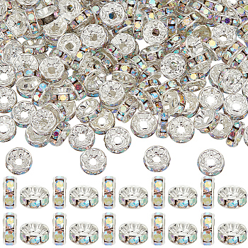 SOFPLATE 200Pcs Brass Rhinestone Spacer Beads, Grade A, Straight Flange, Silver Color Plated, Rondelle, Crystal AB, 8x3.8mm, Hole: 1.5mm, 200pcs/set