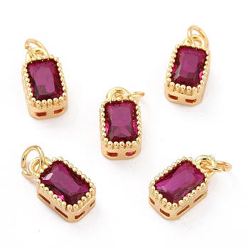 Real 18K Gold Plated Brass Inlaid Cubic Zirconia Charms, with Jump Ring, Long-Lasting Plated, Rectangle, Hot Pink, 9.5x5x3.5mm, Jump Ring: 4x0.5mm, 2.5mm Inner Diameter