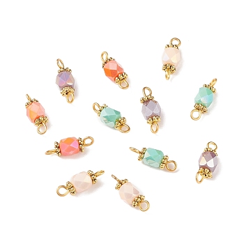 Column Glass Golden Tone Iron Connector Charms, Faceted, Mixed Color, 15x6x5mm, Hole: 1.8mm