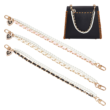 WADORN 3Pcs 3 Colors Imitation Leather & ABS Plastic Imitation Pearl Double Strand Bag Handles, with Alloy Chain & Swivel Clasps, Enamel Heart Bowknot Charm, Mixed Color, 36.5x1.5cm, 1pc/color
