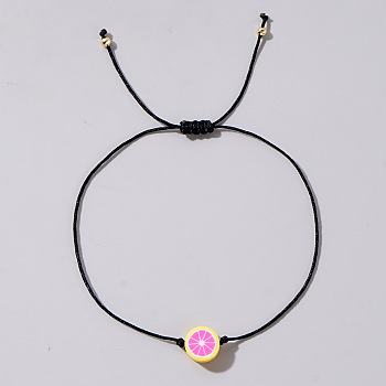 Fruit Lemon Polymer Clay Braided Bead Bracelets, Adjustable Black Cotton Cord Bracelets for Women