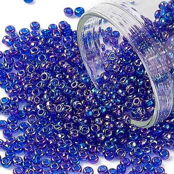 12/0 Grade A Round Glass Seed Beads, Transparent Colours Rainbow, Royal Blue, 12/0, 2x1.5mm, Hole: 0.9mm, about 30000pcs/bag