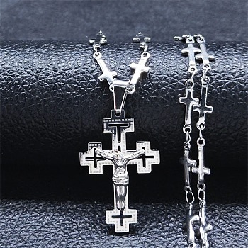304 Stainless Steel Pendant Necklaces for Women Men, Cross with Jesus Pattern, Stainless Steel Color, 17.56~18.03 inch(44.6~45.8cm)