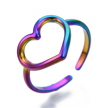 304 Stainless Steel Hollow Heart Cuff Rings, Open Rings for Women Girls, Rainbow Color, US Size 7(17.5mm)