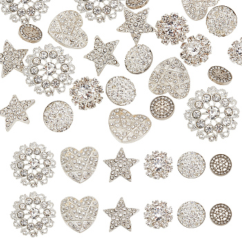 WADORN 24Pcs 6 Style 1-Hole Alloy & Brass Rhinestone Shank Buttons, with Polymer Clay Rhinestone, Mixed Shapes, Platinum & Silver, 12~23x12~23x6~9.5mm, Hole: 1~2.4mm, 4pcs/style
