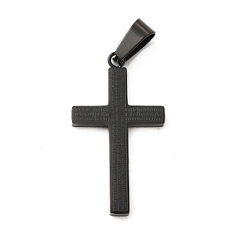 304 Stainless Steel Pendants, Cross with Word Charms, Electrophoresis Black, 37.5x21x3mm, Hole: 10.2x5.5mm