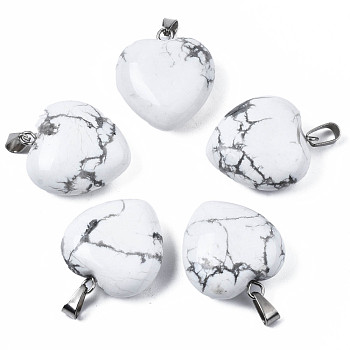 Natural Howlite Pendants, with Stainless Steel Snap On Bails, Heart, Stainless Steel Color, 22x20x9mm, Hole: 6x2mm