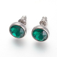 304 Stainless Steel Stud Earrings, with Rhinestone, Flat Round, Emerald, 10x6mm, Pin: 0.9mm(EJEW-F182-A13)