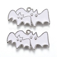 Halloween Theme Alloy Enamel Pendants, White Bat, Platinum, 13x27.5x1.5mm, Hole: 1.6mm(ENAM-J649-08P-02)