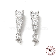 Rhodium Plated 925 Sterling Silver Micro Pave Cubic Zirconia Cup Peg Bails, for Half Drilled Beads, Triangle, with S925 Stamp, Real Platinum Plated, 15.5x4x4.5mm, Hole: 2x1.2mm, Pin: 0.6mm(FIND-Z008-13P)
