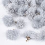 Faux Mink Fur Tassel Pendant Decorations, with Alloy Findings, Antique Golden, Light Grey, 20~30x28~30mm, Hole: 1.8mm(X-FIND-S300-37I)