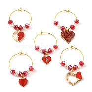 Valentine's Day Theme Heart Alloy Enamel Wine Glass Charms, with Glass Beads and Brass Hoop Earrings Findings, Red, 43.5~46x25x5.5~6mm(AJEW-JO00195)
