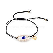 Adjustable Nylon Thread Braided Bead Bracelets, with 304 Stainless Steel Hamsa Hand Charms and Evil Eye Natural Freshwater Shell Beads, Evil Eye Lampwork Round Beads, Blue, Inner Diameter: 1-1/2~4 inch(3.8~10.2cm)(BJEW-JB06262-01)