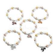 Synthetic Hematite & Glass Pearl Round Beaded Stretch Bracelet with Alloy Enamel Squirrel Charm, Mixed Color, Inner Diameter: 2 inch(5.2cm)(BJEW-JB09434)