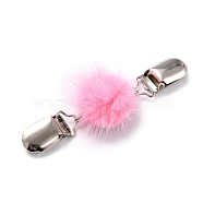 Vintage Alloy Cardigan Clips, with Faux Mink Fur Covered Round Beads, Sweater Collar Clip, Platinum, Hot Pink, 110mm(JEWB-B0002-01F)