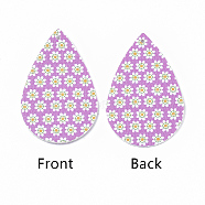 PU Leather Big Pendants, Easter Theme, teardrop, with Flower Pattern, Orchid, 55x35x2mm, Hole: 2mm(X-FIND-T058-A19)