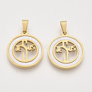 Religion Theme 201 Stainless Steel Pendants, with Shell and Random Size Snap on Bails, Flat Round with Word JESUS, Golden, 23x20x2mm, Hole: 7~10x3~5mm(X-STAS-N089-57G)