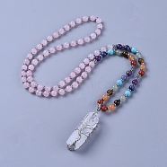 Natural Rose Quartz Pendant Necklace, with Quartz Crystal Pendant and Brass Findings, 28.3 inch(72cm), beads: 4~6.5mm, pendant: 54~63x13~17x14~16mm(NJEW-I109-C03)