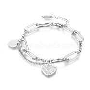 304 Stainless Steel Charm Bracelets, Chain Bracelets, with Polymer Clay Rhinestone and Lobster Claw Clasps, Heart, Stainless Steel Color, 6-7/8 inch(17.5cm)(BJEW-K219-04P)