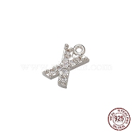 Real Platinum Plated Rhodium Plated 925 Sterling Silver Micro Pave Clear Cubic Zirconia Charms, Initial Letter, Letter X, 9x5x1mm, Hole: 0.9mm(STER-P054-10P-X)