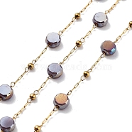 304 Stainless Steel Handmade Beaded Chain, with Electroplated Glass, with Spool, Soldered, Real 18K Gold Plated, Flat Round, Purple, 5.5x5.5x3.5mm, about 16.40 Feet(5m)/Roll(CHS-K019-03G-01)