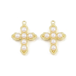 Alloy with ABS Plastic Imitation Pearl Pendants, Cross Charms, Rack Plating, Golden, 20x14.5x5mm, Hole: 1mm(AL-CBA15FB-09G)