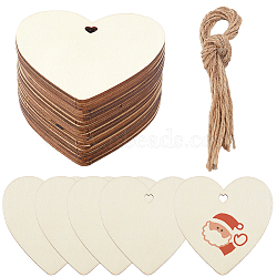 SOFPLATE Unfinished Natural Wood Cutouts Ornaments, with Jute Twine, Hanging Decorations, for Party Gift Home Decoration, Heart, 8x8x0.2cm, Hole: 6x6mm, 50pcs(WOOD-SP0001-17A)