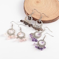 Antique Silver Plated Alloy Mixed Stone Dangle Chandelier Earrings, with Brass Earring Hooks, 54mm, Pin: 0.7mm(EJEW-JE01983)