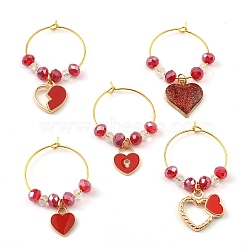 Valentine's Day Theme Heart Alloy Enamel Wine Glass Charms, with Glass Beads and Brass Hoop Earrings Findings, Red, 43.5~46x25x5.5~6mm(AJEW-JO00195)